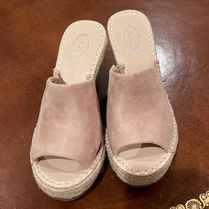 brushed suede woven heeled wedge slides